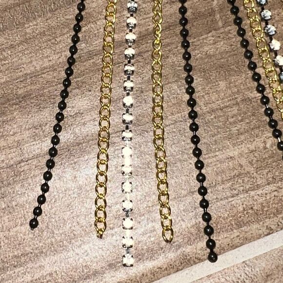 Long Wide Chain Fringe Dangle Chandelier Earring Black Gold Tone Rhinestone - Picture 4 of 6